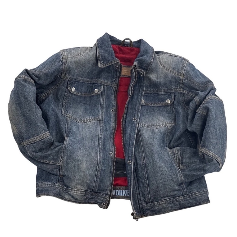 Iron Workers Denim Moto Jacket‎ Mens 44 Blue Red Lined Full Zip